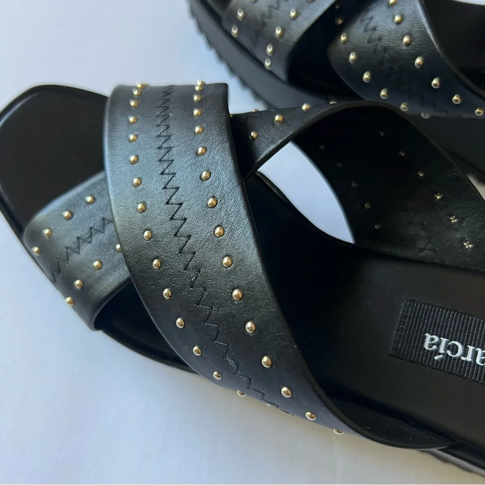 PEDRO GARCIA LEATHER CROSS STRAP PLATFORM WEDGE SANDALS BLACK SIZE 9.5 NWOT